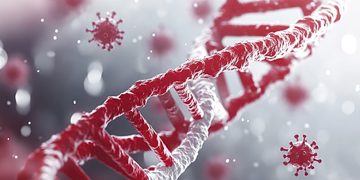 red and white DNA strands with virus like particles in the background